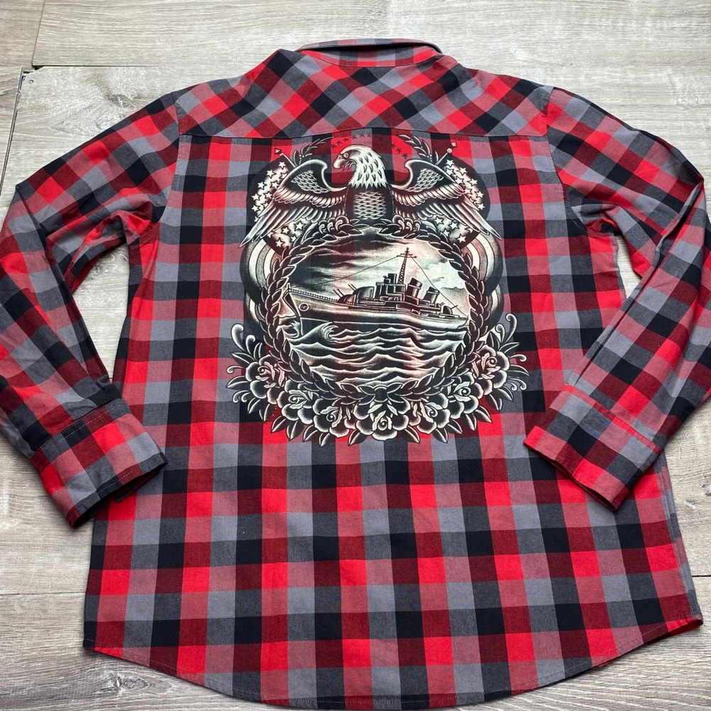 Black Market Art Company Shirt Mens L Red Plaid Eagle Ship Tattoo Graphic Cotton